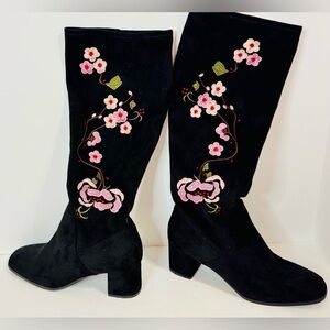Floral Embroidered Knee High Faux Suede Black Boots with Hidden Zipper